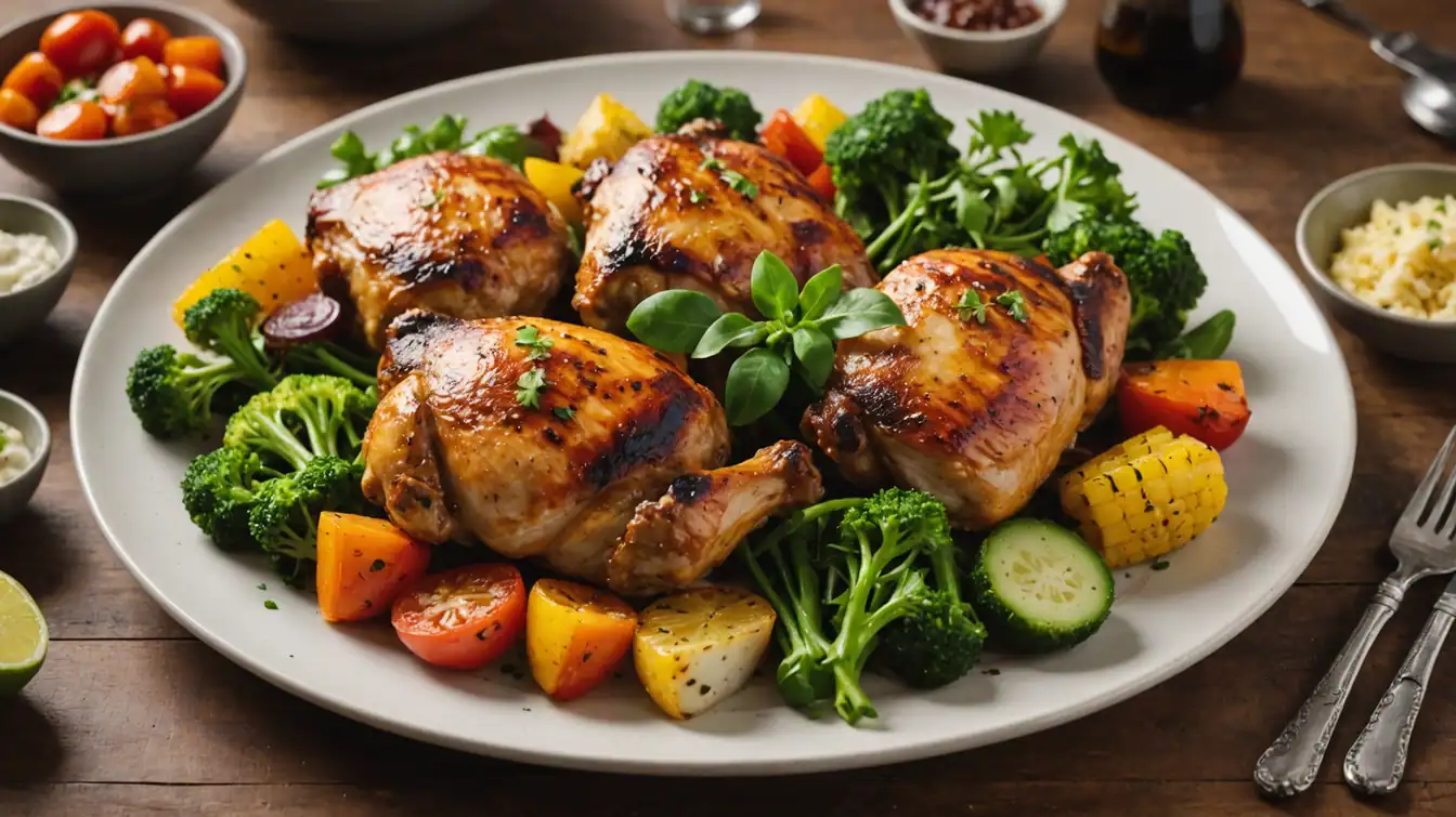 En tallerken med fire kyllinglår i ovn servert sammen med brokkoli, cherrytomater, mais, poteter og friske urter.