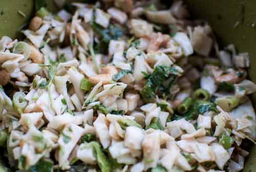 Nærbilde av en hakket salat med grønn løk, urter og cashewnøtter blandet sammen i en bolle.