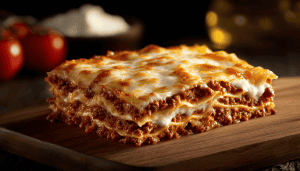 Nærbilde av lasagne med lag av pasta, kjøttsaus og smeltet ost på et trebrett.