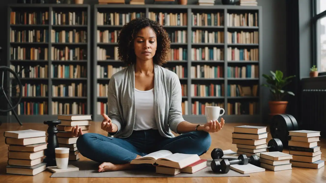 En kvinne sitter med korslagte ben på gulvet og mediterer med lukkede øyne, omgitt av bøker, en kaffekopp, en kettlebell og manualer i et bibliotek eller et studierom.